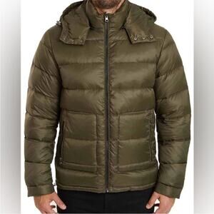 SLATE & STONE Hooded Quilted Nylon Down Puffer Jacket | Fatigue Green | Size M